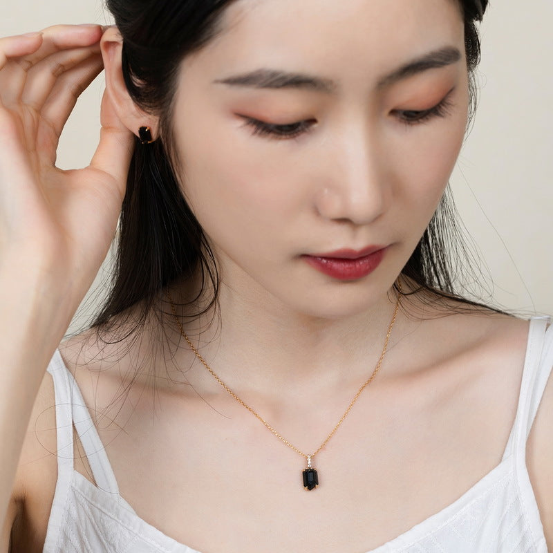 S925 純銀鍍 9K 金日韓風首飾套裝 | 天然黑瑪瑙配仿鑽 時尚神秘必備