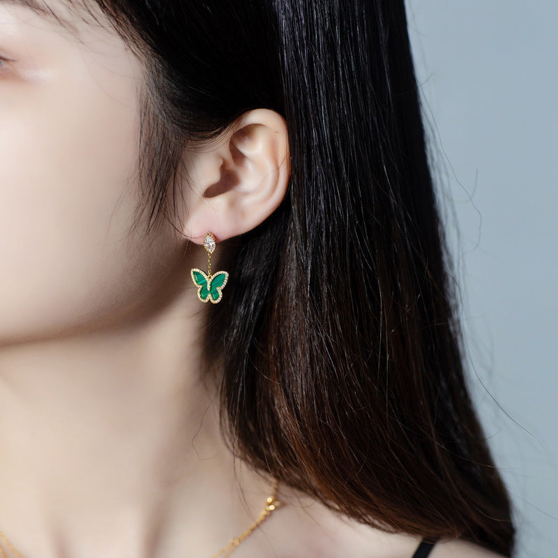S925 sterling silver with 10K gold plating, Japanese and Korean-style jewelry | Natural malachite and simulated diamond butterfly set, a fresh and sweet choice