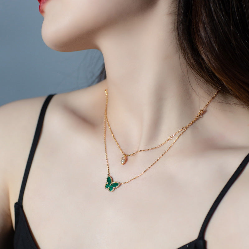 S925 sterling silver with 10K gold plating, Japanese and Korean-style jewelry | Natural malachite and simulated diamond butterfly set, a fresh and sweet choice