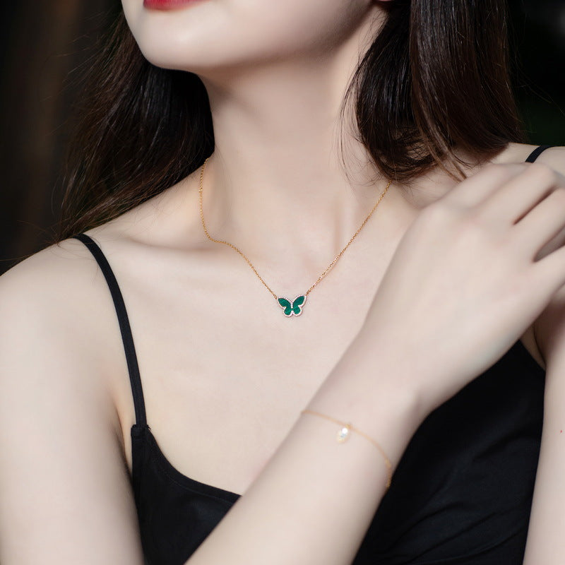 S925 sterling silver with 10K gold plating, Japanese and Korean-style jewelry | Natural malachite and simulated diamond butterfly set, a fresh and sweet choice