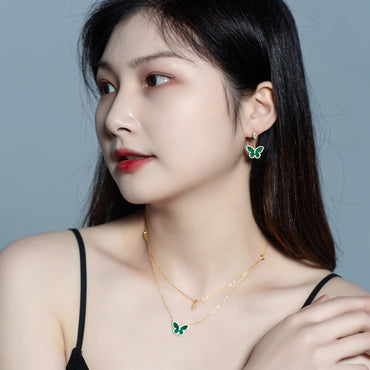 S925 sterling silver with 10K gold plating, Japanese and Korean-style jewelry | Natural malachite and simulated diamond butterfly set, a fresh and sweet choice