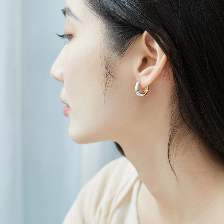 S925 純銀鍍 10K 金 + 厚銀白金耳環｜歐美風雙色環形 時尚個性必備