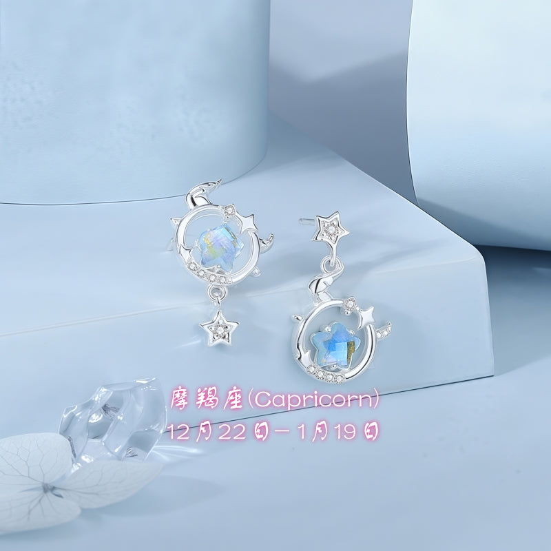 S925 sterling silver twelve zodiac sign earrings | Moonstone inlaid imitation diamond interstellar romantic earrings