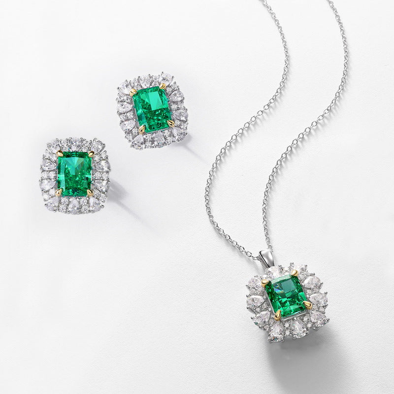 S925 sterling silver plated with thick platinum emerald high carbon diamond set | 18K gold four-claw imitation diamond convertible necklace luxury European and American style jewelry