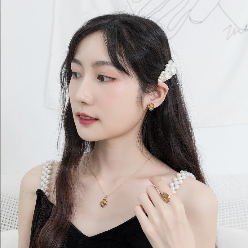 復古風 S925 純銀鍍 9K 金飾品｜天然琥珀與綠瑪瑙精緻套裝
