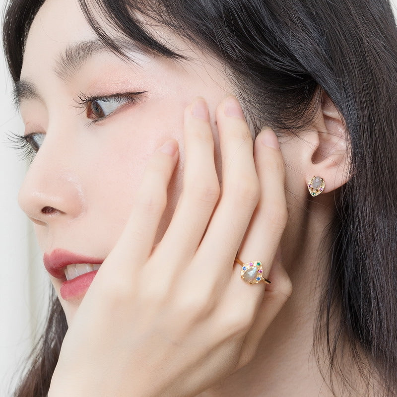 S925 sterling silver plated with 9K gold Japanese and Korean style light luxury classical natural labradorite colored gemstone jewelry set