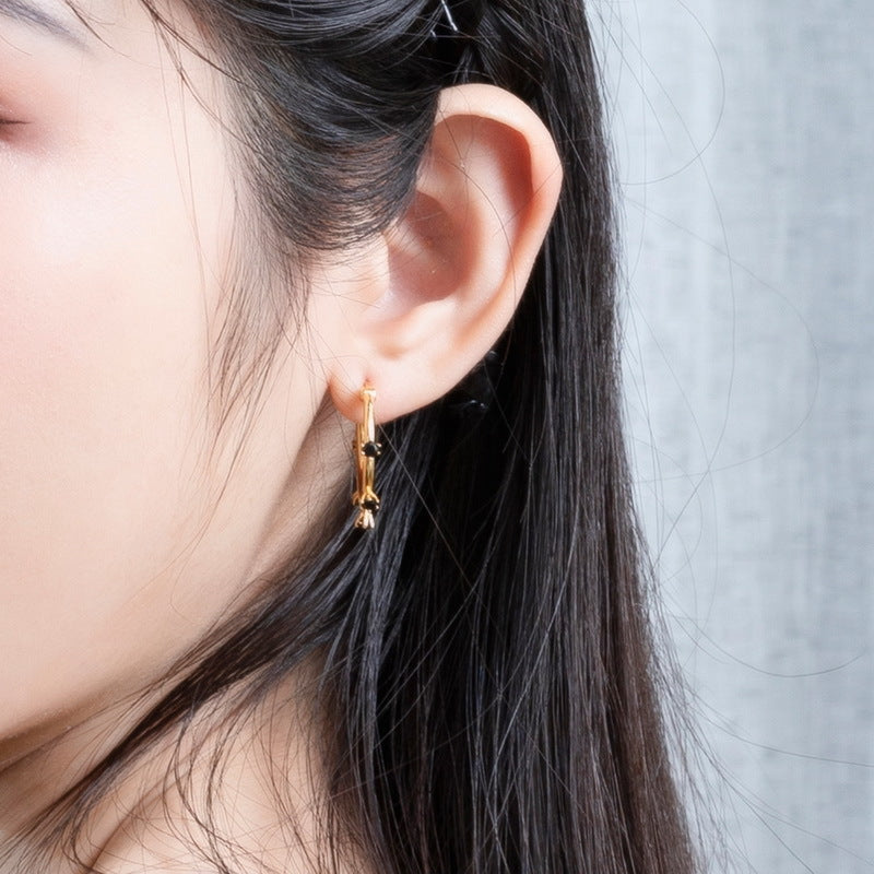 S925 純銀鍍 14K 金耳環｜黑鋯石點綴 歐美個性時尚必備