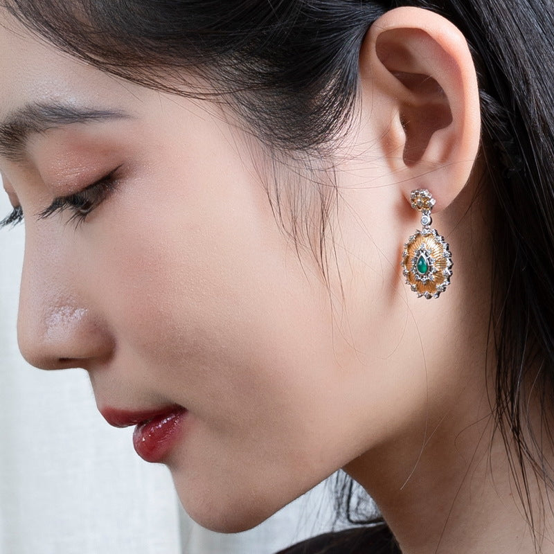 S925 sterling silver plated with 9K gold thick silver platinum Japanese and Korean style light luxury synthetic agate sunflower earrings