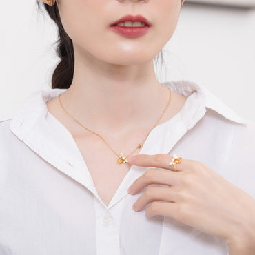 S925純銀鍍10K金 日韓風天然黃水晶橄欖石小蜜蜂套裝