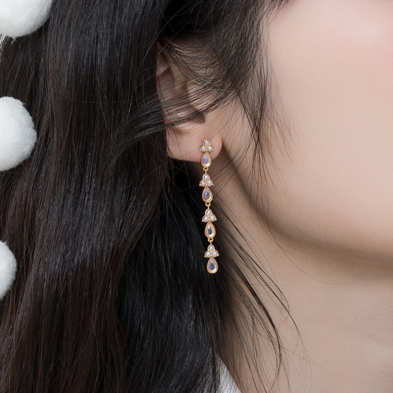 S925 sterling silver plated with 9K gold Japanese and Korean style light luxury shell pearl opal long earrings