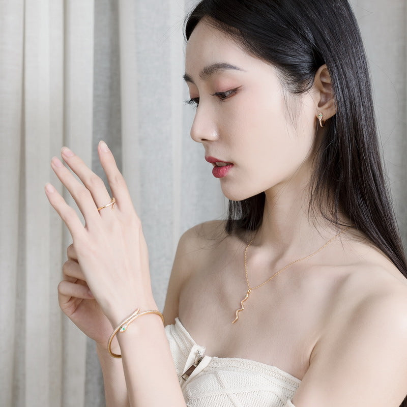 S925 sterling silver with 9K gold-plated snake jewelry set | Nano-green zirconium imitation diamonds embellish the twelve zodiac snake elements earrings, necklaces, rings, bracelets and earrings