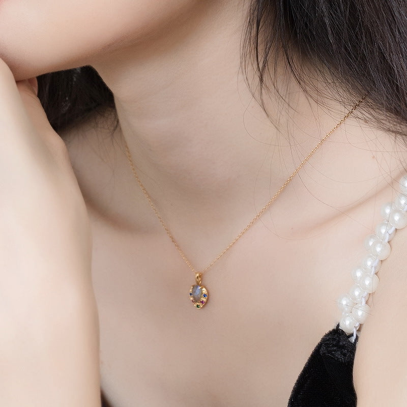 S925 sterling silver plated with 9K gold Japanese and Korean style light luxury classical natural labradorite colored gemstone jewelry set