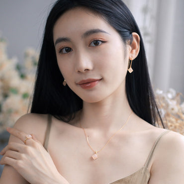 S925 純銀鍍 10K 金日韓風首飾套組｜天然帶花粉水晶 方糖造型甜美必備
