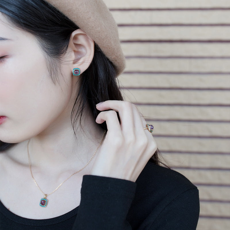 S925 sterling silver plated with 9K gold Japanese and Korean style oil drop inlaid with natural amethyst set