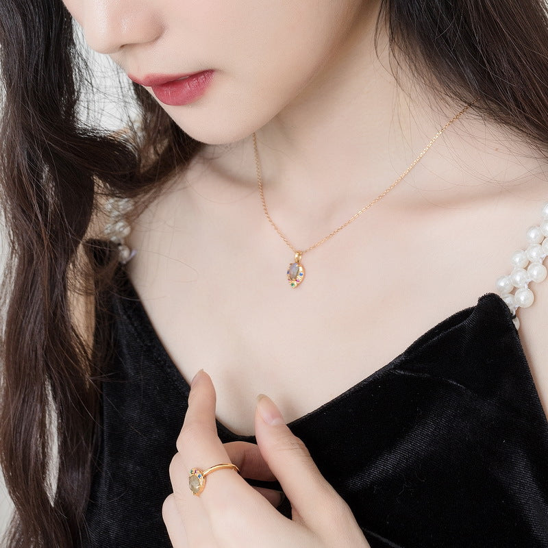 S925 sterling silver plated with 9K gold Japanese and Korean style light luxury classical natural labradorite colored gemstone jewelry set