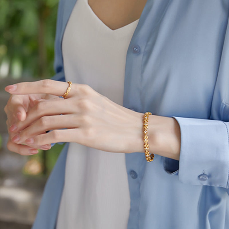 S925 sterling silver with 10K gold plated jewelry set | Fresh and fashionable Japanese and Korean style leaf imitation diamond bracelet and ring