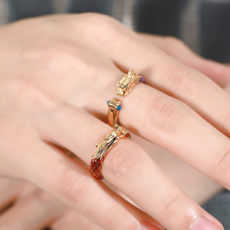 S925 sterling silver with 10K gold plated dragon and phoenix couple rings | Romantic vow design with enamel dragon and phoenix
