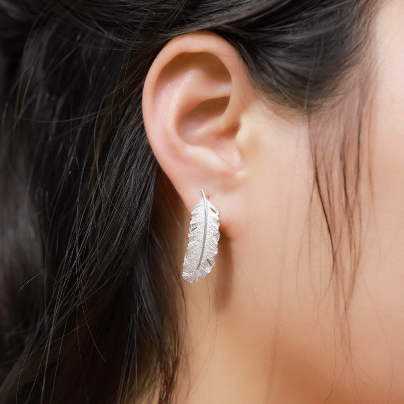 S925 sterling silver plated bright silver feather set | Hand-brushed light luxury retro jewelry four-piece set