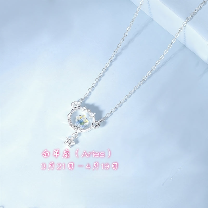 S925 sterling silver twelve zodiac moonstone necklace | inlaid with imitation diamonds interstellar romantic jewelry