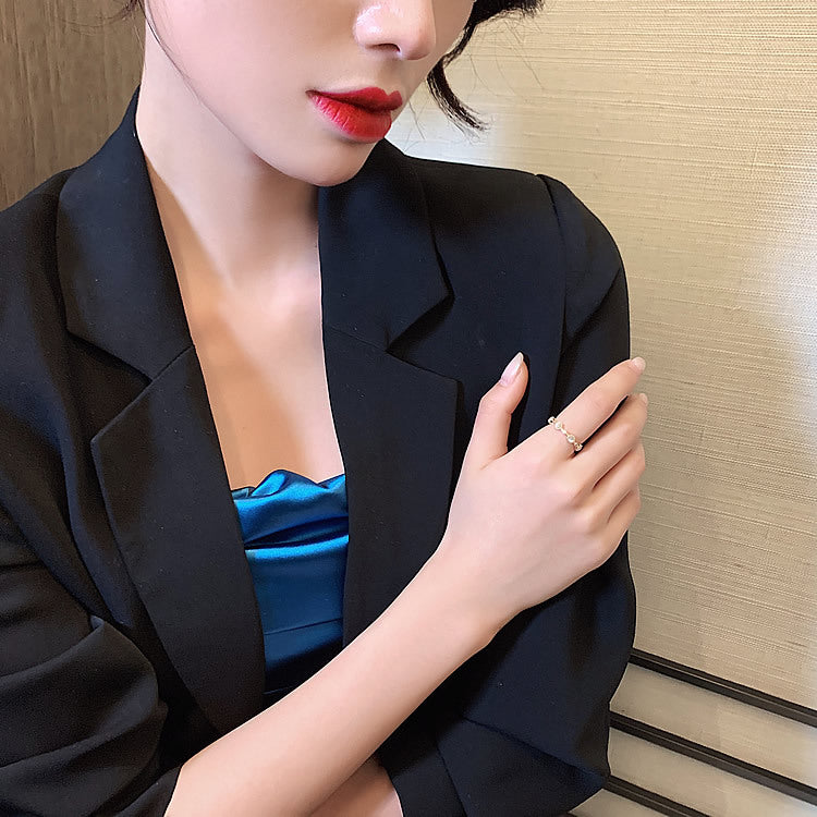 圓形人造貓眼石款戒指韓國輕奢時尚ins潮冷淡風簡約小素圈食指環
