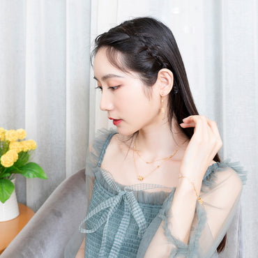 S925 純銀鍍 9K 金日韓風首飾套裝｜仿鑽 時尚筒狀吊墜項鍊耳環手鍊