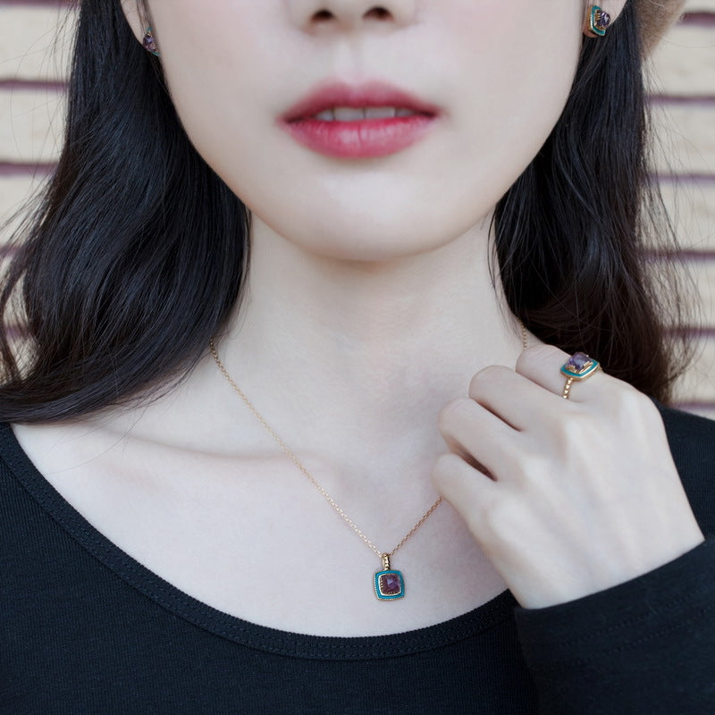 S925 sterling silver plated with 9K gold Japanese and Korean style oil drop inlaid with natural amethyst set