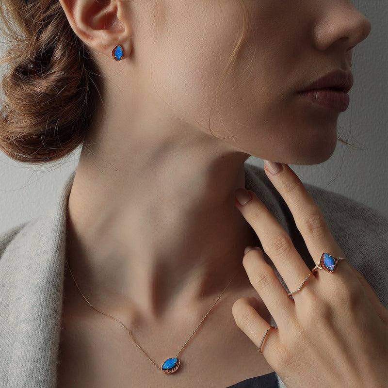 日韓風爆款！S925 純銀鍍 10K 金，合成藍歐泊首飾套裝