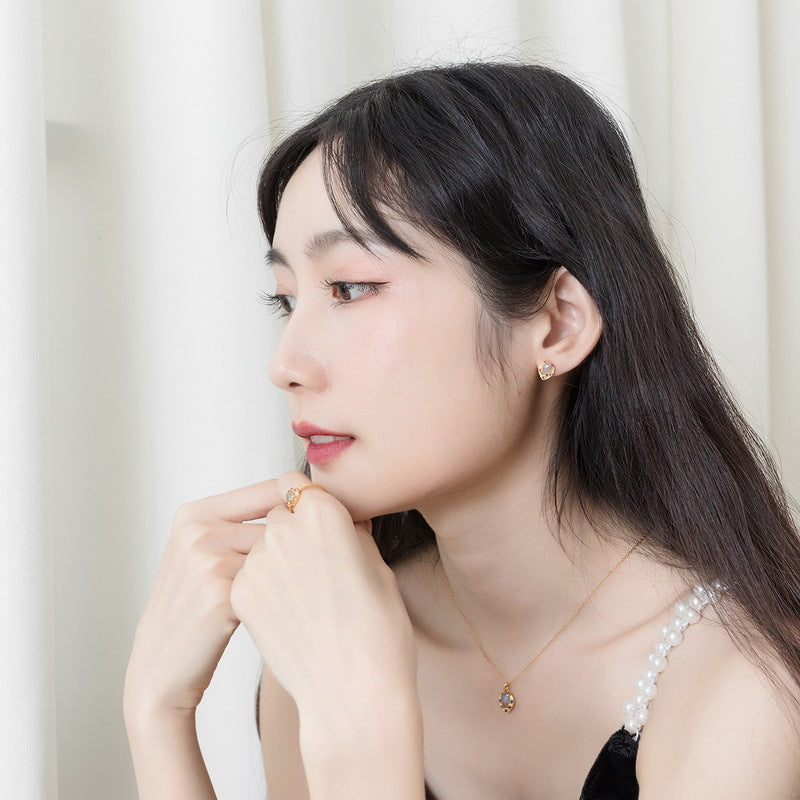 S925 sterling silver plated with 9K gold Japanese and Korean style light luxury classical natural labradorite colored gemstone jewelry set