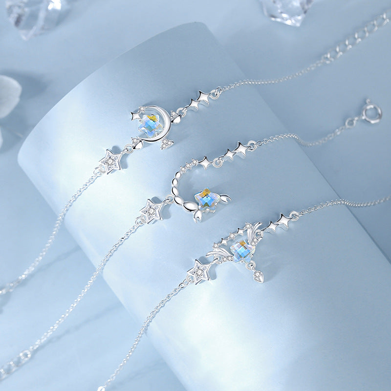 Synthetic Moonstone Zodiac Bracelet | S925 Sterling Silver Imitation Diamond Lucky Charm