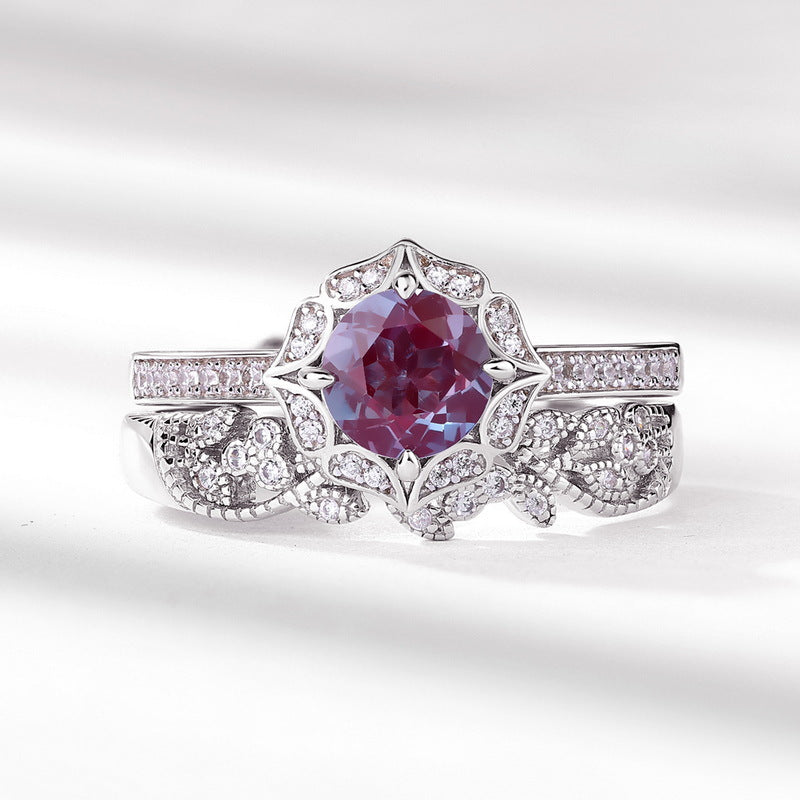 S925 sterling silver with thick platinum and European and American style ring | Synthetic Alexandrite and imitation diamond flower cage shape June birthstone ring