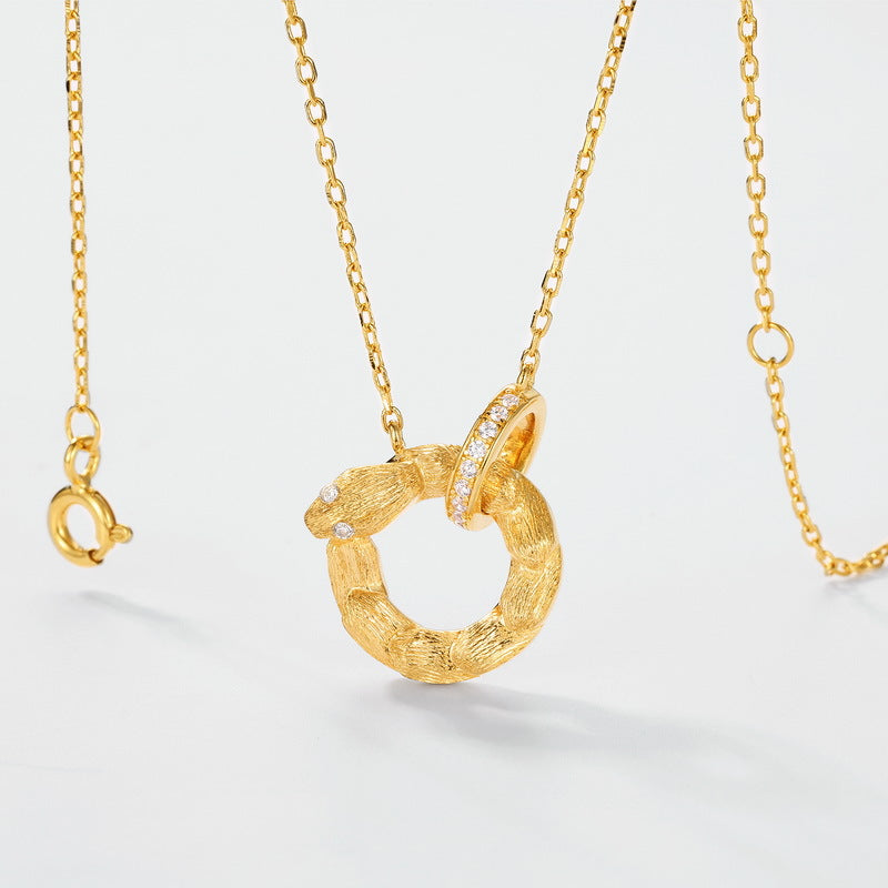 S925 sterling silver with 10K gold plated hand-brushed Chinese Zodiac Snake imitation diamond necklace | Retro light luxury clavicle necklace high-end stacking jewelry