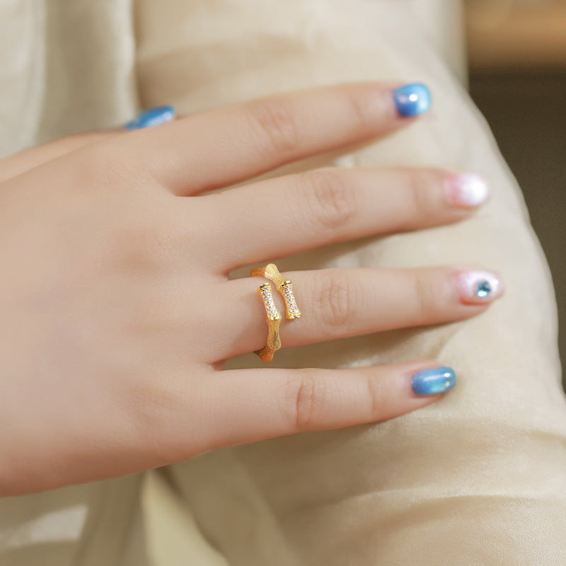 S925 sterling silver with 10K gold plated hand-brushed bamboo imitation diamond ring | Light luxury retro open ring high-end fashion jewelry