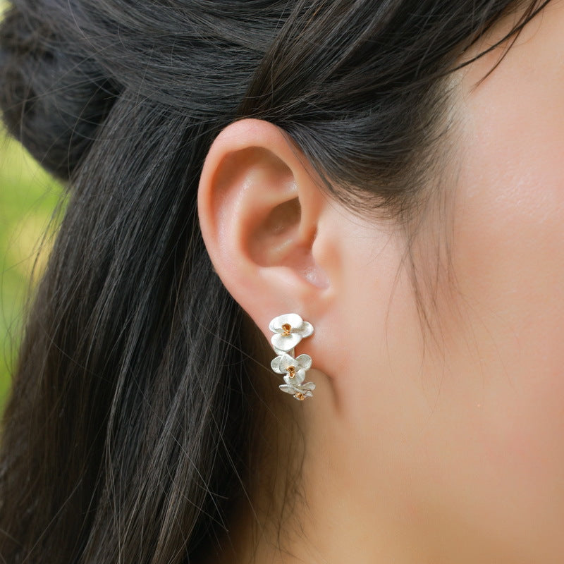 Hand-brushed flower earrings | S925 sterling silver with bright silver plating + 10K Jinsen fairy-style earrings