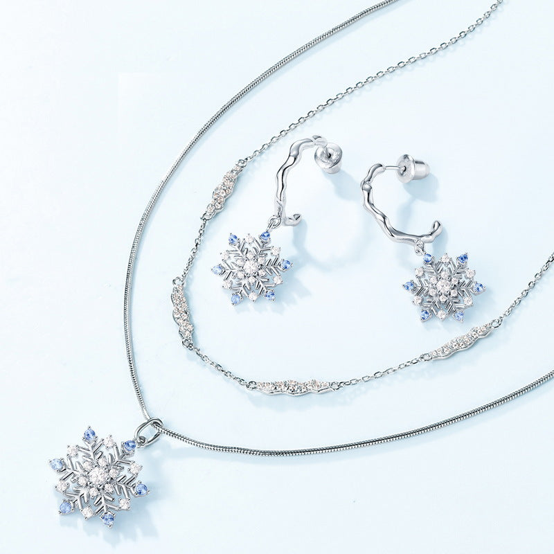 S925 sterling silver plated with thick silver and platinum snowflake set | European and American style elegant and light luxury texture jewelry combination