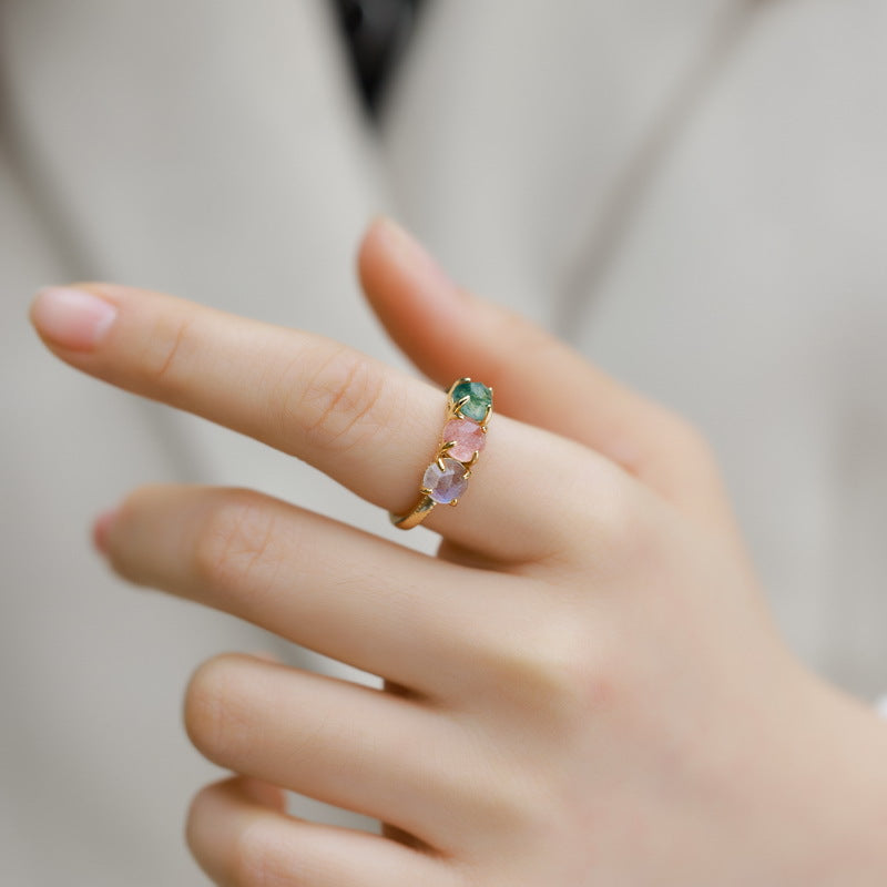 S925 純銀鍍 10K 金彩寶戒指｜拉長石、綠苔蘚、草莓晶 個性時尚首選