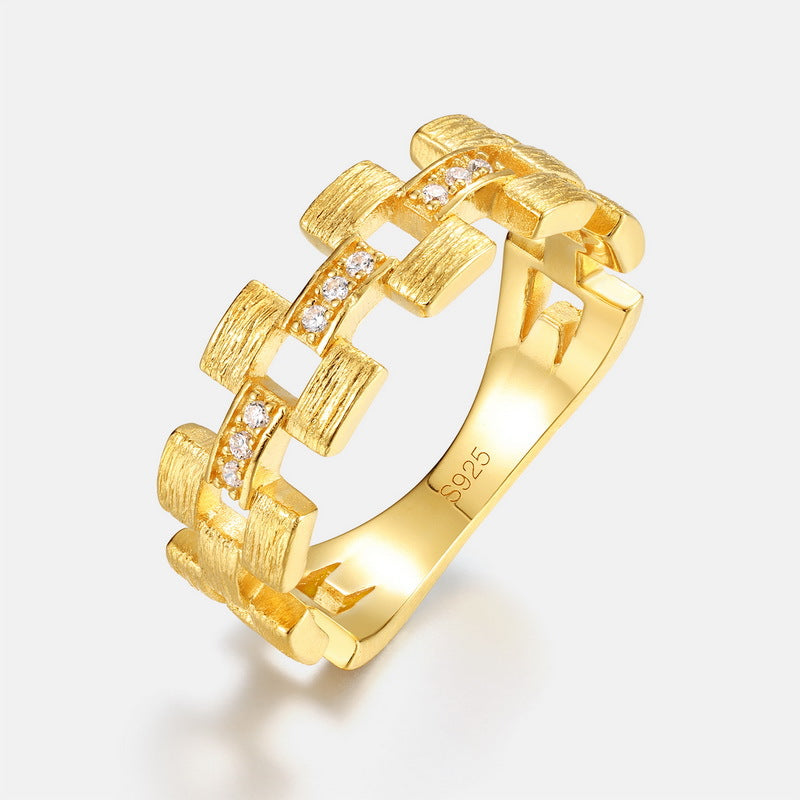 S925 sterling silver with 10K gold plated hand-brushed braided imitation diamond ring | Fashionable urban luxury ring with personalized chain design