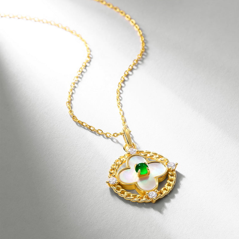 Jadeite White Shell Four-Leaf Clover Jewelry Set | S925 Sterling Silver with 10K Gold-Plated Simulated Diamonds, Lucky Sweet Necklace, Earrings, and Ring