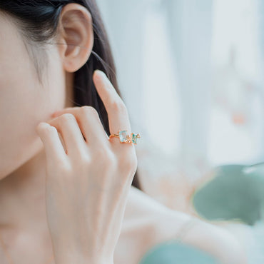 S925 純銀鍍 10K 金日韓風戒指｜合成托帕石 + 綠水晶 森系清新必備