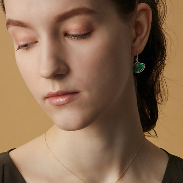 S925 sterling silver with 10K gold plated earrings | Natural malachite fan-shaped design retro and fashionable earrings
