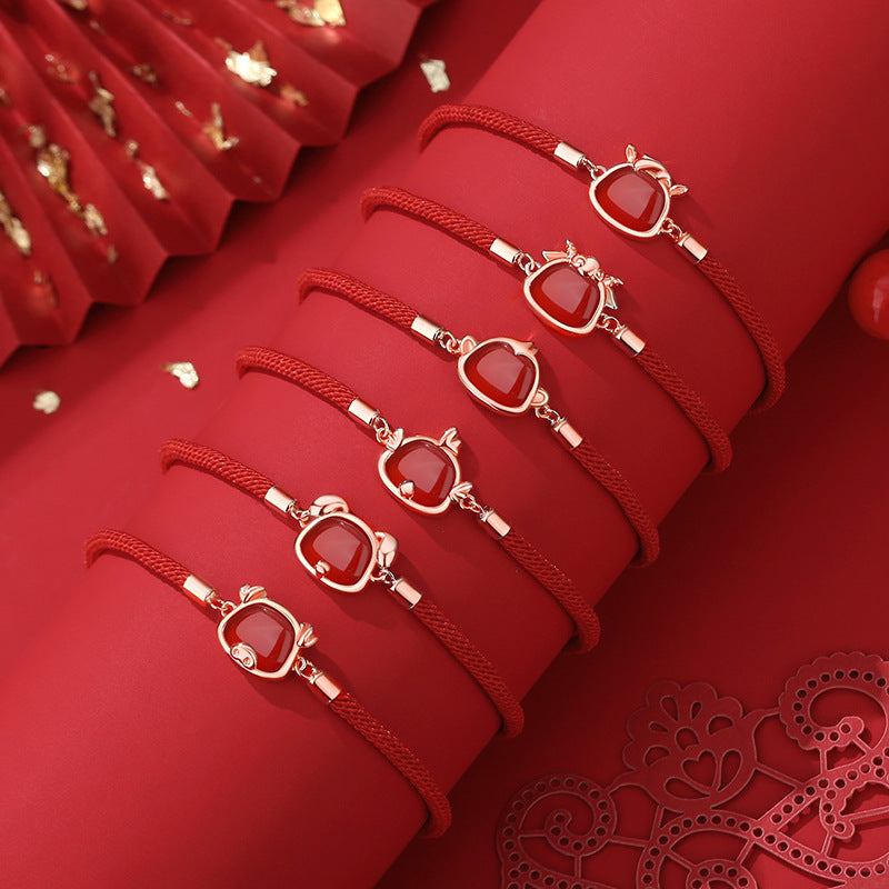 S925 sterling silver rose gold plated red agate zodiac bracelet | Lucky red string jewelry for wealth and protection in your birth year