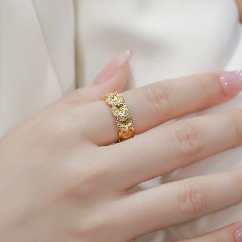 S925 sterling silver plated with 10K gold, hand-brushed imitation diamond heart-shaped ring | European and American style light luxury retro open ring high-end fashion jewelry