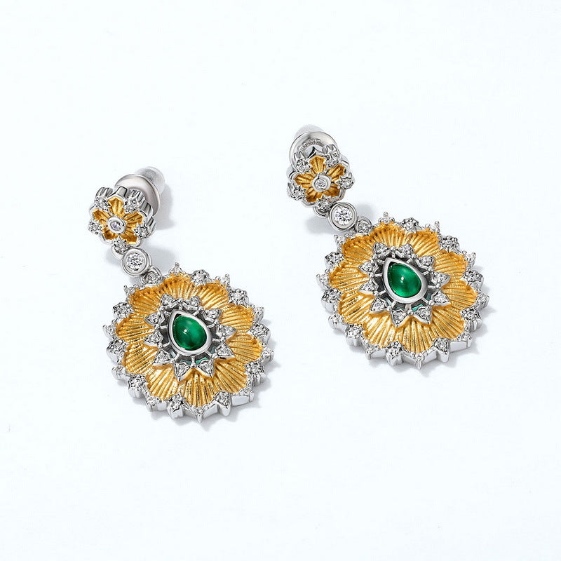 S925 sterling silver plated with 9K gold thick silver platinum Japanese and Korean style light luxury synthetic agate sunflower earrings