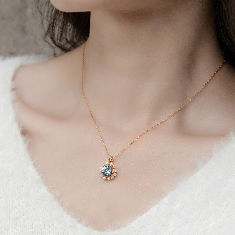 S925 sterling silver plated with 10K gold natural sky blue topaz shell beads ocean romance pendant