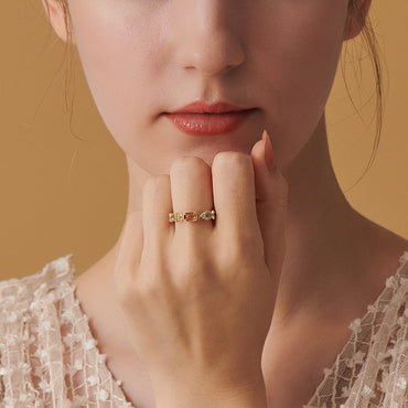 S925 sterling silver plated with 10K gold Japanese and Korean style synthetic colored gemstone ring smoky quartz amber lemon quartz