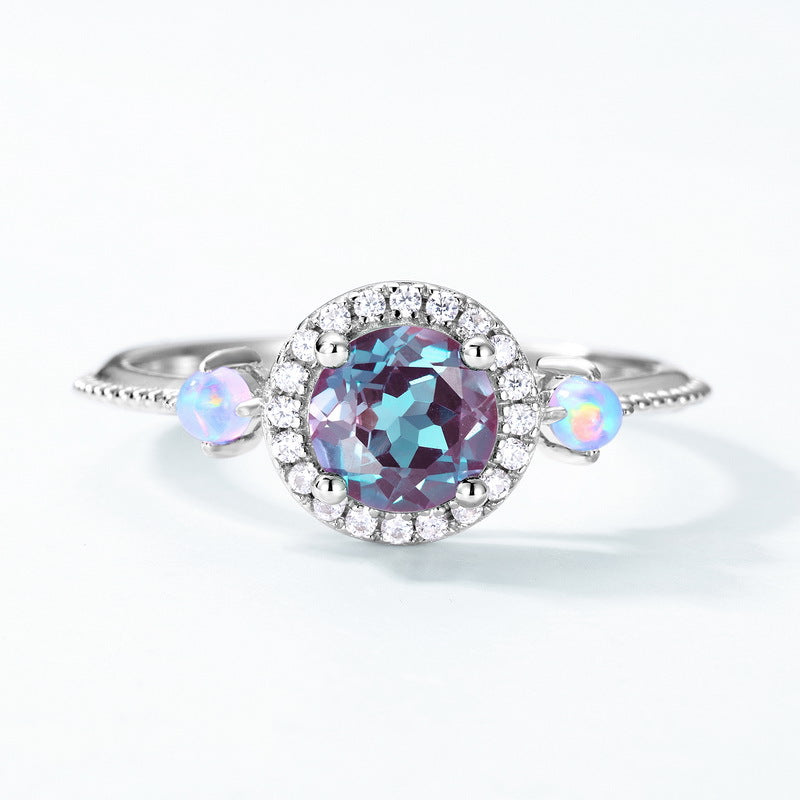 European and American style S925 sterling silver plated with platinum and inlaid with cultured alexandrite light luxury set