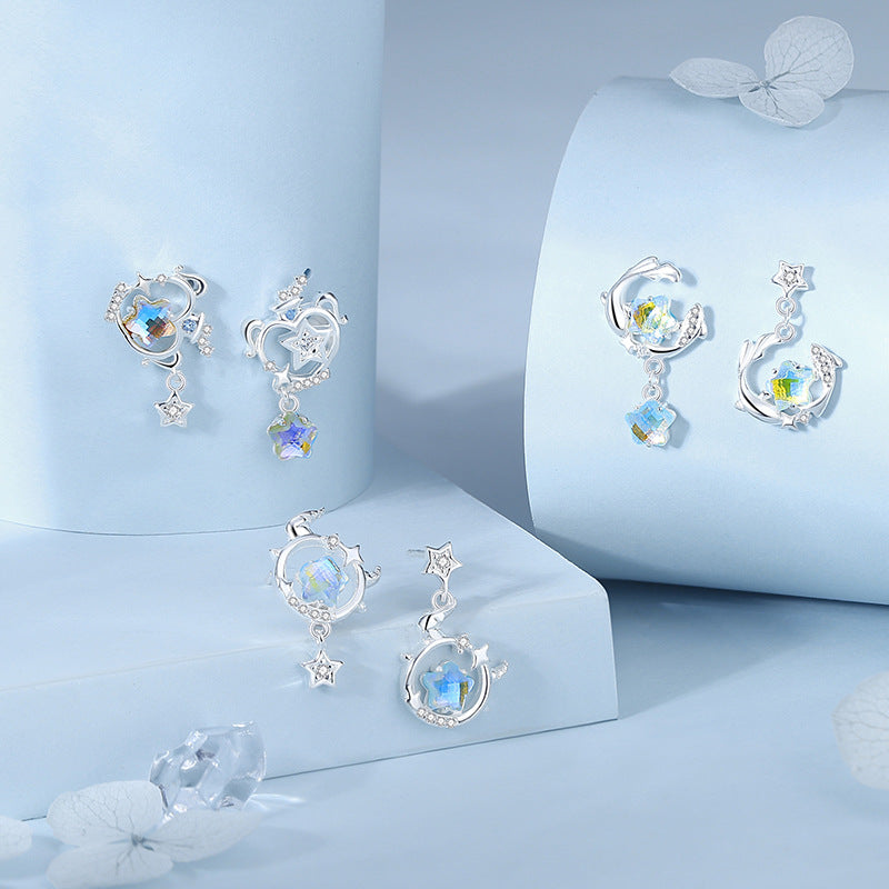 S925 sterling silver twelve zodiac sign earrings | Moonstone inlaid imitation diamond interstellar romantic earrings
