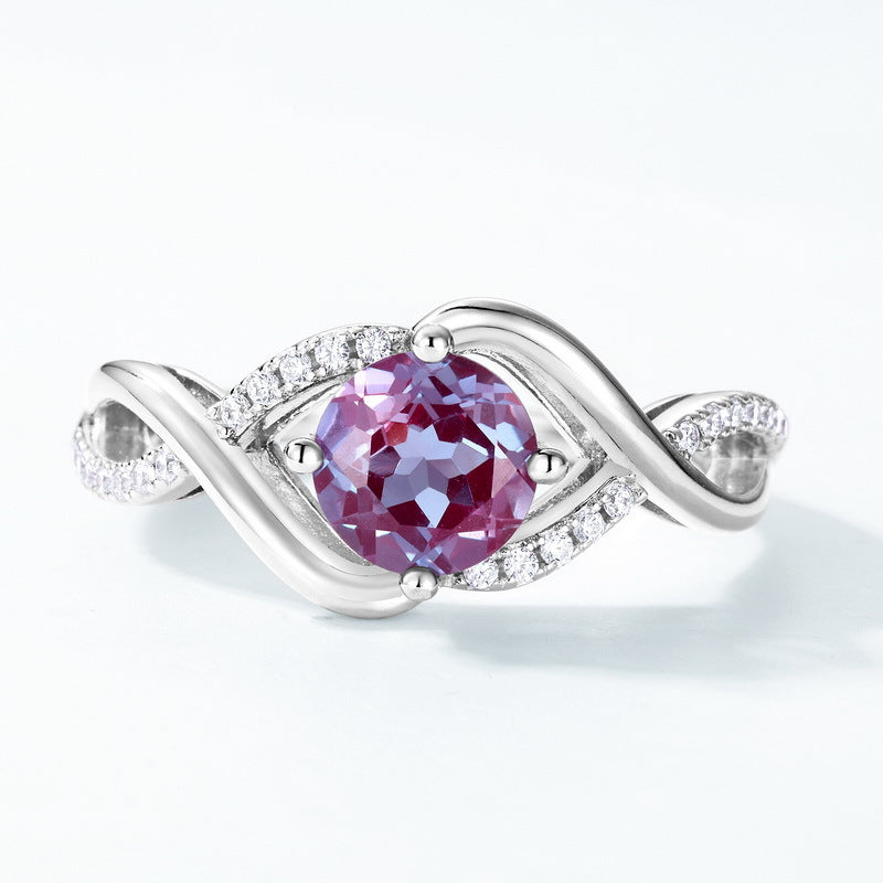 S925 sterling silver with thick platinum platinum European and American style ring | Cultivated Alexandrite imitation diamond wrapped design June birthstone ring
