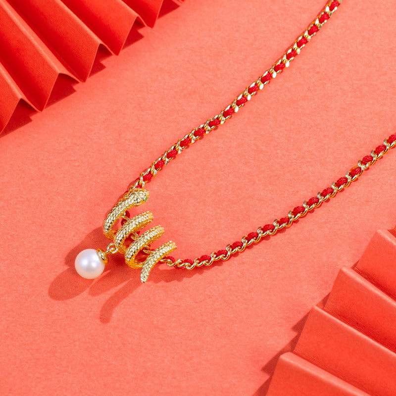 S925 sterling silver with 10K gold plated zodiac snake freshwater pearl light luxury pendant: a sign of good fortune, shining with elegance