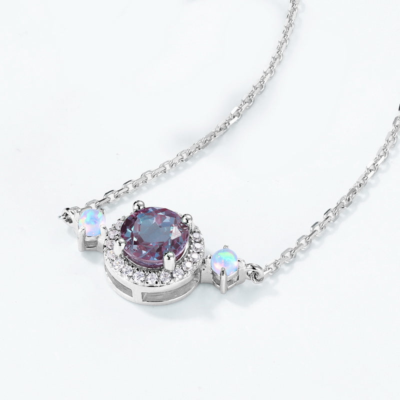 European and American style S925 sterling silver plated with platinum and inlaid with cultured alexandrite light luxury set