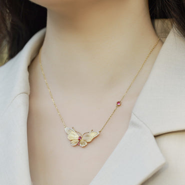 S925 sterling silver plated with 10K gold hand-brushed red corundum fashion butterfly necklace
